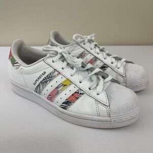 Adidas Superstar J Sneakers Kids‎ Girls Size 5 White Tropical Print FX7400